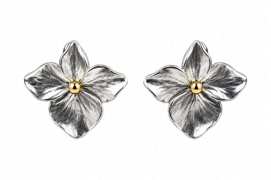PETALS HYDRANGEA EARRINGS STATEMENT STUDS, WITH 24K GOLD VERMEIL ON STERLING SILVER