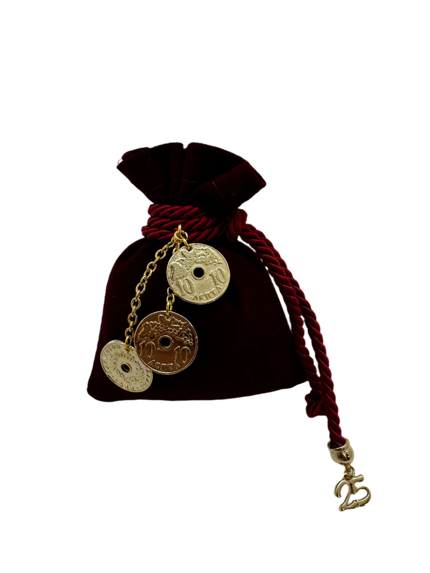 Velvet Good Luck Charm with Cord and Hanging Coins (Βελούδινο Γούρι με Κορδόνι και Κρεμασμένα Νομίσματα)